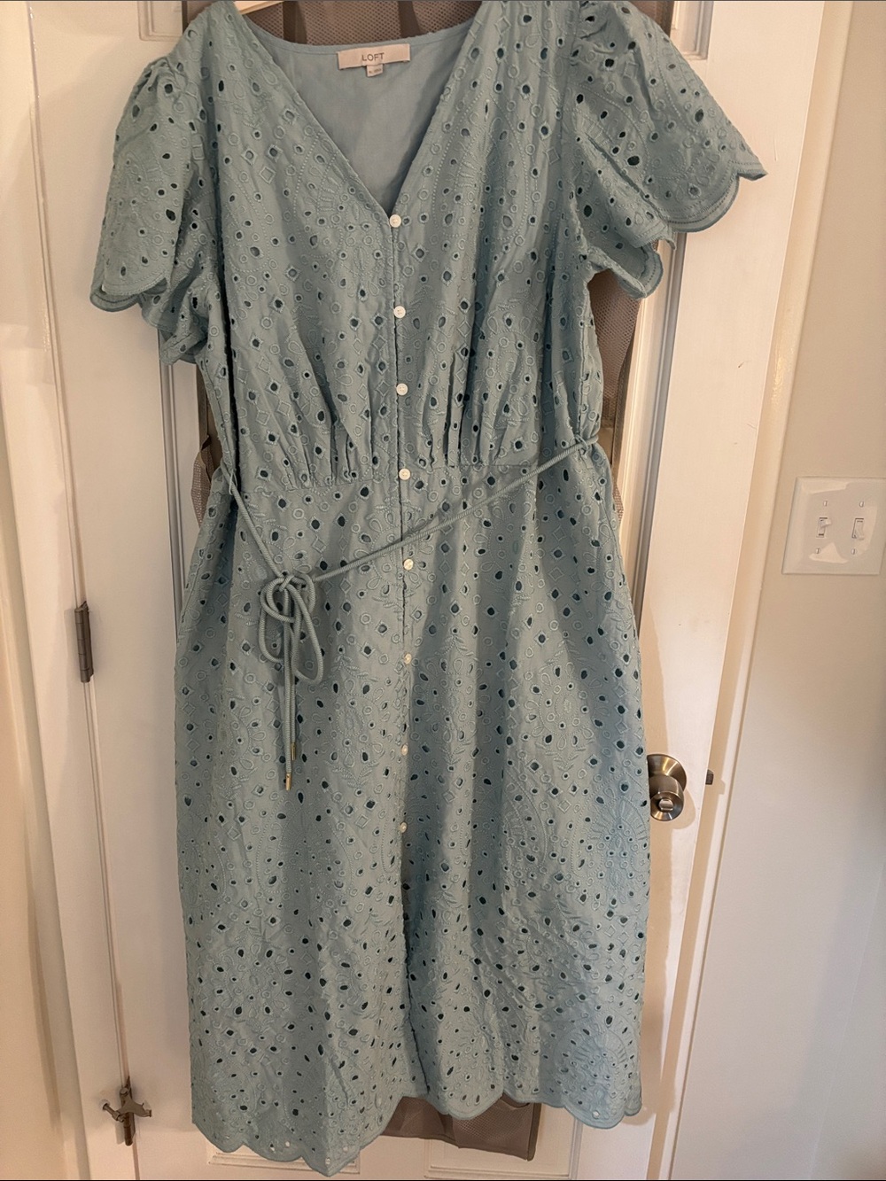 LOFT Pale Blue Eyelet Button-Front Midi Dress with Tie Waist